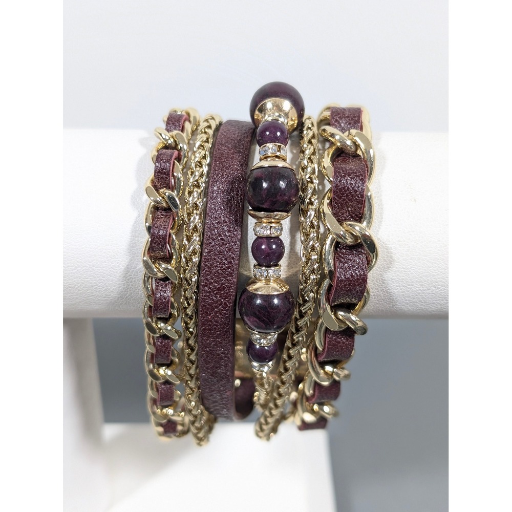 Wide Brown Faux Leather Multi Chain Bracelet Gold‎ Tone Boho Western 7.5"